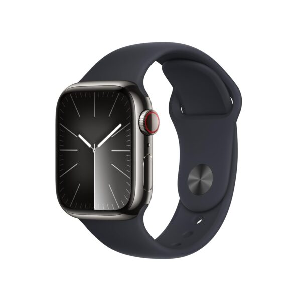 Apple Watch Series 9 [GPS + Cellular 41mm] Smartwatch with Graphite Stainless steel Case with Midnight Sport Band S/M. Fitness Tracker,Blood Oxygen & ECG Apps, Always-On Retina Display,Water Resistant
