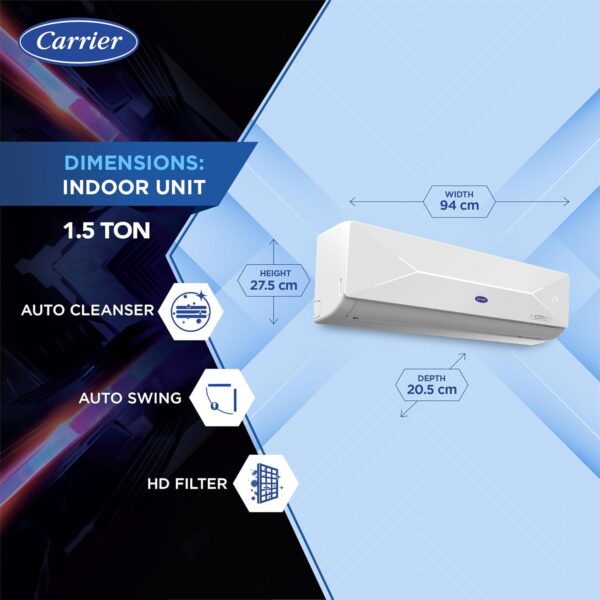 Carrier 1.5 Ton 3 Star X-Line LED Flexicool Inverter Split AC (Copper,Smart Energy Display, Convertible 6-in-1,Dual Filtration with HD & PM 2.5 Filter, XCEL LUMO EXI, CAI18CL3R34F0,White)