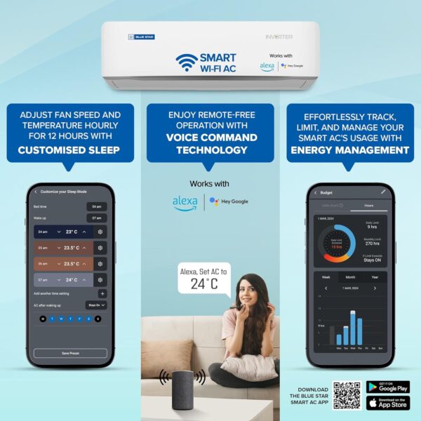 Blue Star 1.5 Ton 5 Star, 60 Months Warranty, Wi-Fi Smart Inverter Split AC (Copper, Convertible 5 in 1 Cooling, AI Pro, DigiQ Hepta Sensors, 4 Way Swing, IC518ZNURS, White)