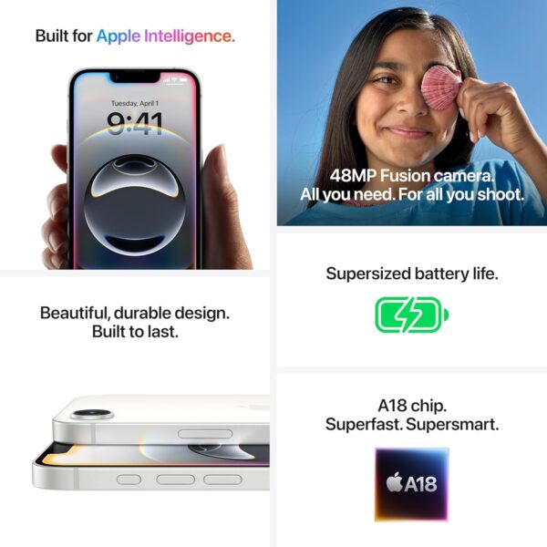 iPhone 16e 128 GB: Built for Apple Intelligence, A18 Chip, Supersized Battery Life, 48MP Fusion. Camera, 15.40 cm (6.1″) Super Retina XDR Display; Black
