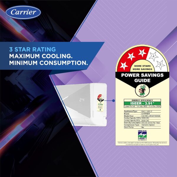 Carrier 1.5 Ton 3 Star X-Line LED Flexicool Inverter Split AC (Copper,Smart Energy Display, Convertible 6-in-1,Dual Filtration with HD & PM 2.5 Filter, XCEL LUMO EXI, CAI18CL3R34F0,White)