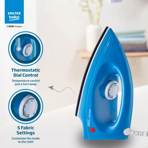 Voltas Beko 1000 W Dry Iron (I1000VD-BU, Blue, with Crease- busting Greblon Soleplate)