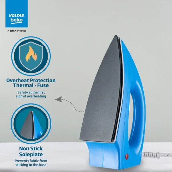 Voltas Beko 1000 W Dry Iron (I1000VD-BU, Blue, with Crease- busting Greblon Soleplate)