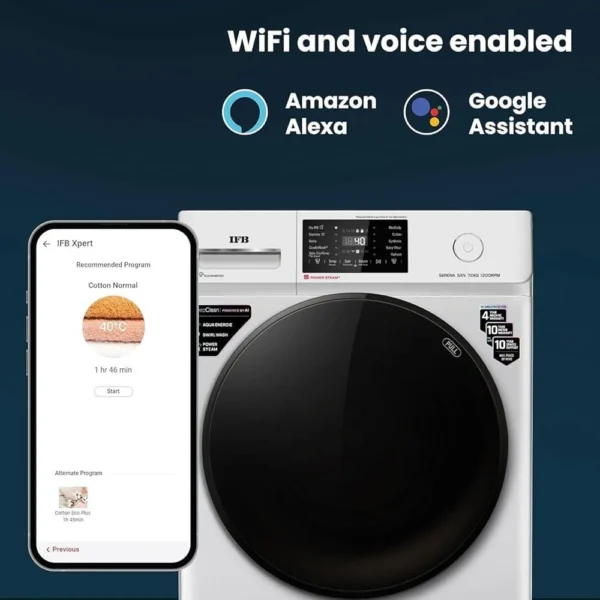 IFB 7 Kg 5 Star Powered by AI with 9 Swirl Wash, WiFi, Fully Automatic Front Load Washing Machine (SERENA SXN 7012, Steam Refresh Program with Eco