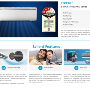 Daikin 1.5Ton 3 Star Split Inverter AC (FTKC48UV16W, White)